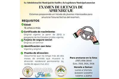 Apertura de listado para Examen de Licencia de Aprendizaje en Hatillo